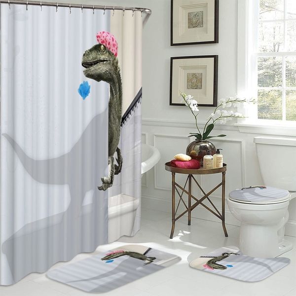 

taking a shower dinosaur printed bathroom decor waterproof shower curtain floor mats toilet cover mat anti-slip rug set
