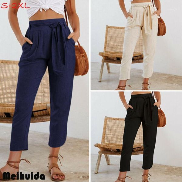

2019 summer women solid harem baggy ladies calf-length leggings trousers pants high waist bandage pants1, Black;white