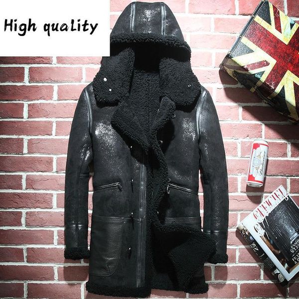 

sheep natural fur shearling jacket men winter real genuine leather jacket men hooded warm sheepskin coat1, Black