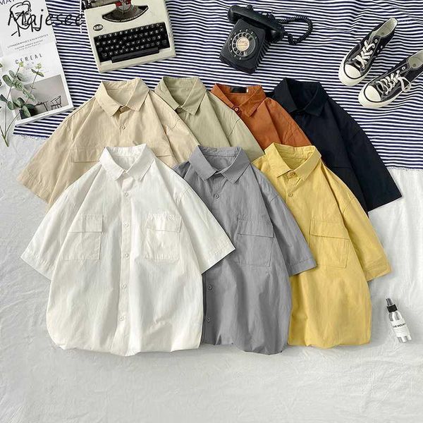 

men shirts short-sleeve loose solid all-match male summer shirt simple leisure thin fashion japanese-style cargo multi-color new1, White;black