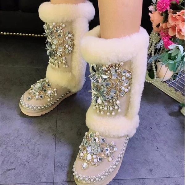 

boots winter brand handmade exquisite beaded sequins tassels imported leather lining wool ladies snow, Black