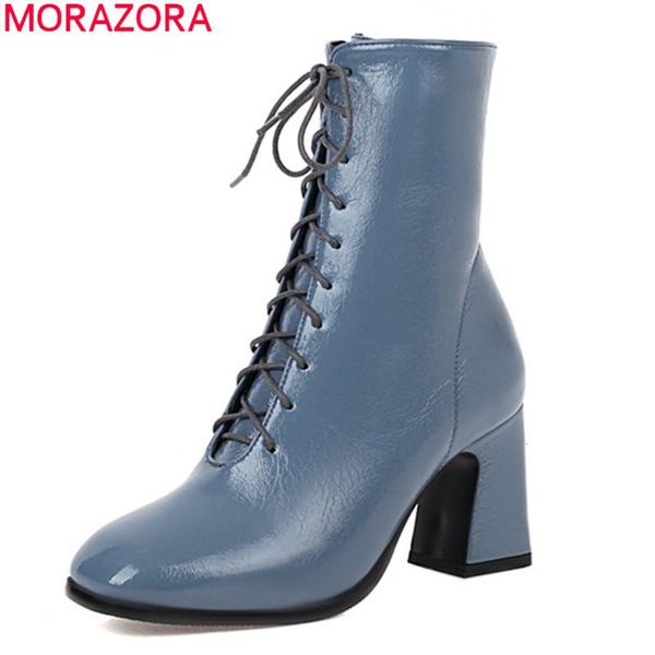 

morazora 2020 новых поступление ботильонов толстого высокие каблуки квадратный носок ботинки женщин способ зашнуровать зимы 4 цвета женской, Black