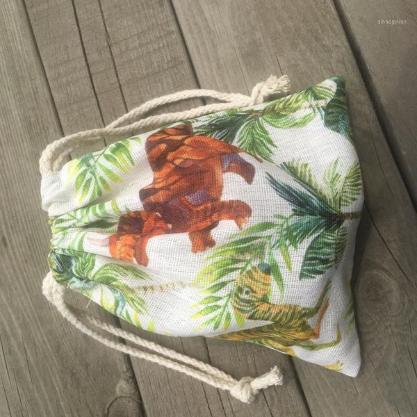

1pc cotton linen drawstring organizer party gift bag red green dinosaurs forest trees yl20512f1