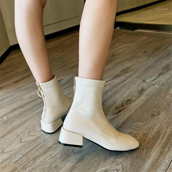 

pxelena fashion back zipper office lady party dress daily ankle boots women square block med heels shoes autumn winter 34-431, Black