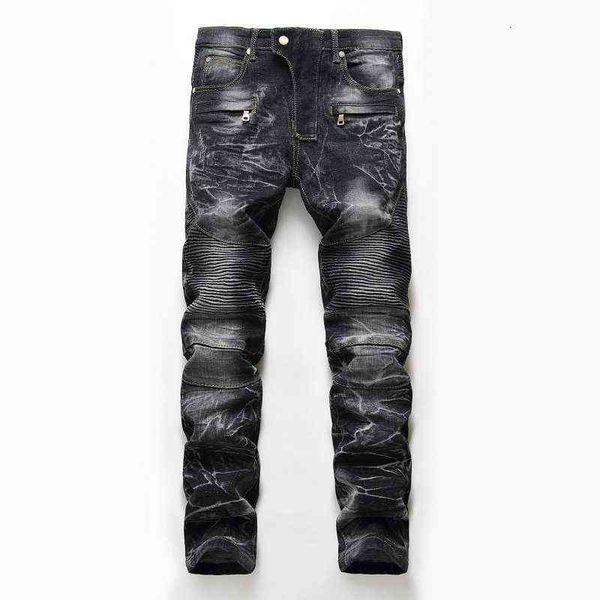 

mens jeans men jean hip hop pants street trend zipper chain decoration ripped rips stretch black fashion slim fit washed motocycle, Blue