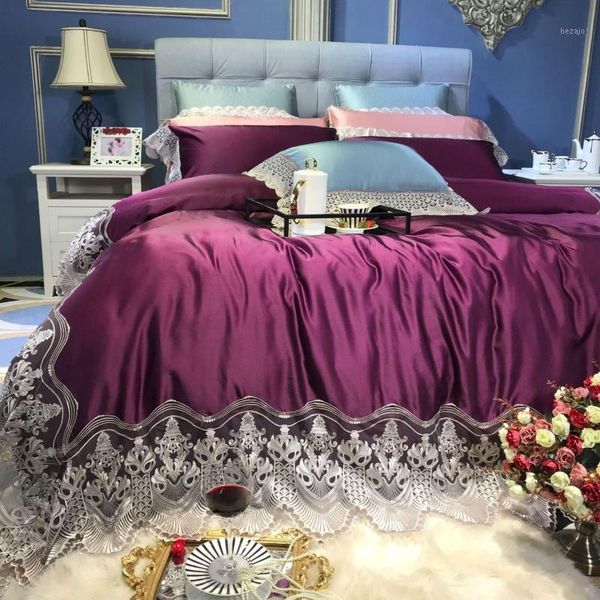 

bedding sets 50 king size purple color quilt covet bed sheet set lace edge set1