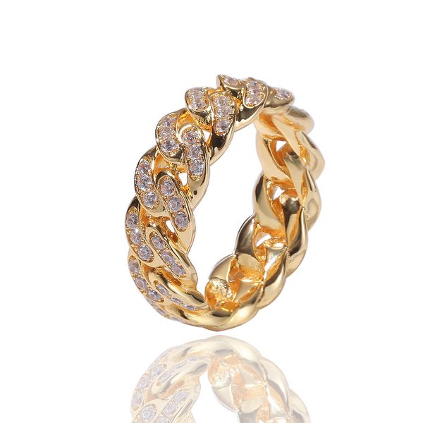 

Hip Hop Punk Ring Cuban Link Chain 8mm Zircon-plated Real Gold Trend Men's Ring New