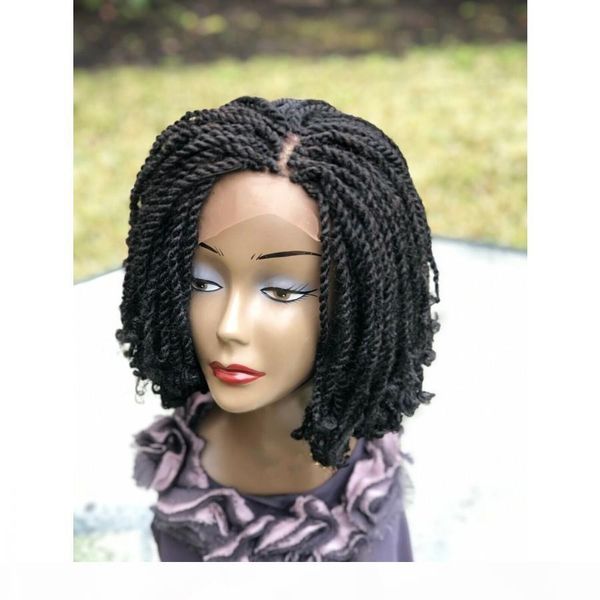 

new arrival 14inch black color short kinky braided wig full handtied braided lace front wig with curly tips for africa women