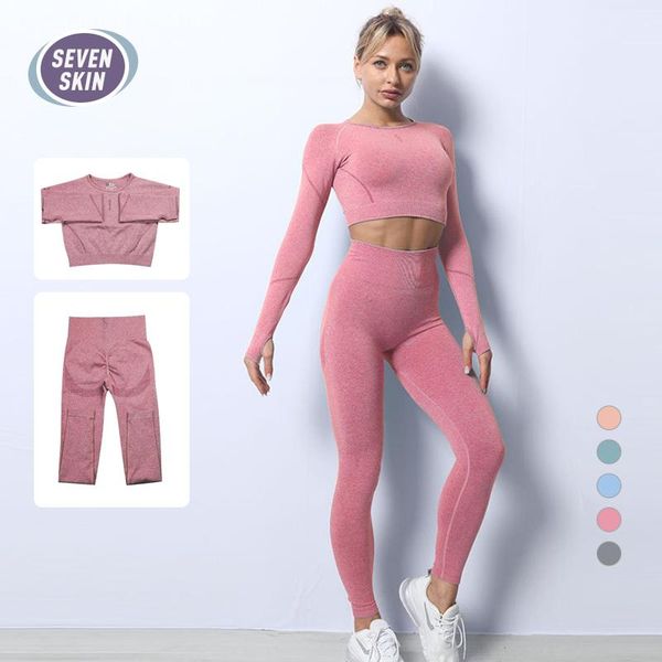 

yoga outfits seven skin seamless women set workout sportswear long sleeve crop high waist leggings gym fitness clothing sports suits, White;red