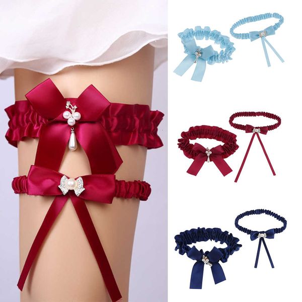 

2x ladies bow garter stretch crystal pearls satin thigh ring leg harness, Black;white