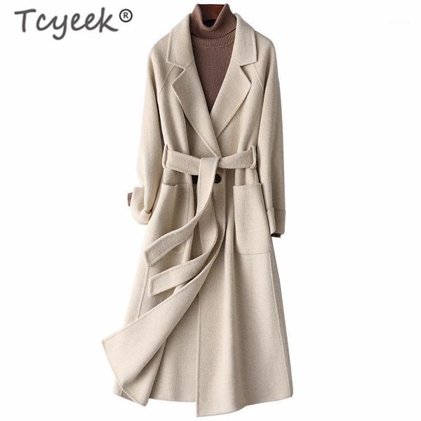

tcyeek autumn elegant wool coat women winter woman coats 2020 korean fashion ladies cashmere long jacket+belt slim outwear lw8051, Black
