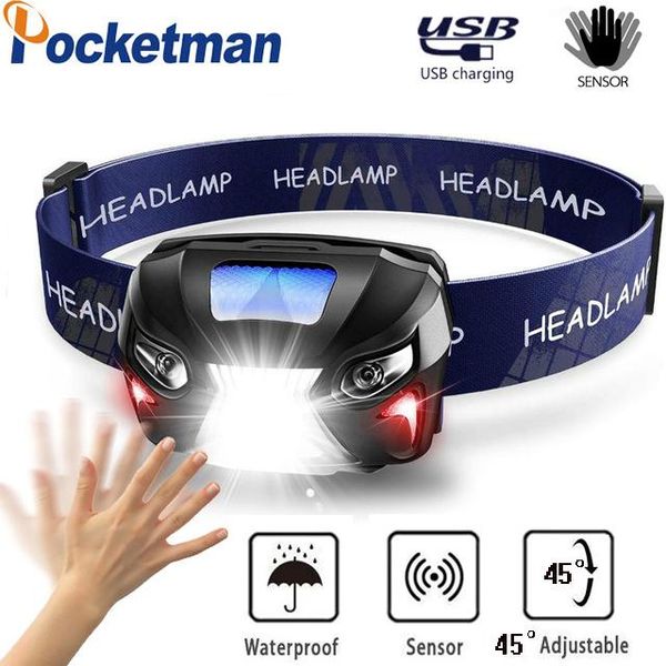 

headlamps 8000 lumen induction switch led headlamp 8 modes 45 degree with motion sensor built-in battery usb rechargeable head lamp