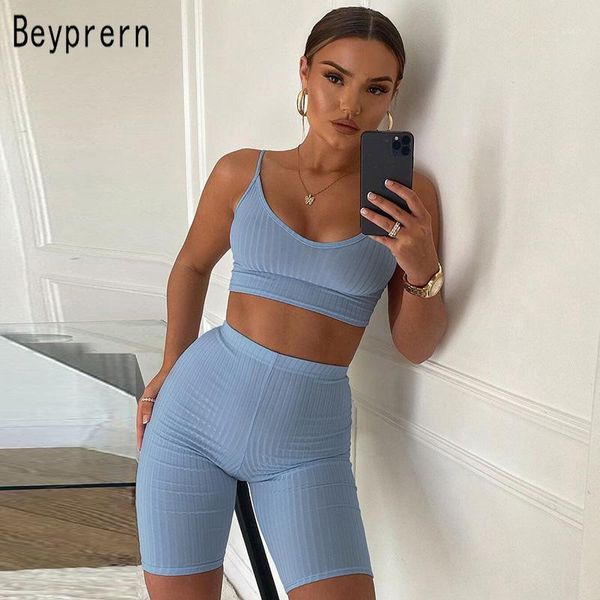 

beyprern womens blue ribbed biker shorts set two pieces womens elastic ribbed crop and sashed matching set active wear1, Gray