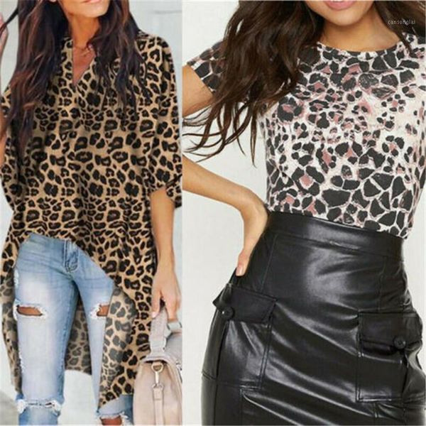 

women ladies v-neck casual blouse long sleeve irregular leopard print shirt 1, White
