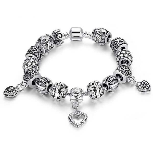 

antique silver charm bracelet & bangle silver with heart pendant for women wedding vintage jewelry ing, Black