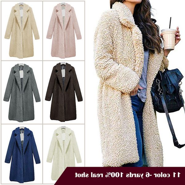 

2021autumn winter women long simple turndown collar woolen plus thick warm tweed outerwear women's fur furry coat, Black