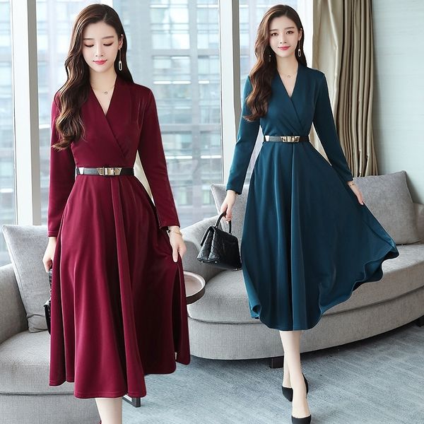 

kqmk7 2020 spring and autumn new elegant socialite v-neck long sleeve askirt waistline skirt slimming high in7ta aline dress a, Black;gray