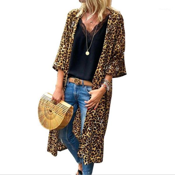 

autumn leopard print loose kimono cardigan boho plus size long coat jacket autumn fashion three quarter sleeve women outwear1, Black;brown