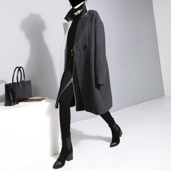 

[eam] 2020 new spring lapel long sleeve solid color black gray split joint loose big size jacket women fashion lj201201