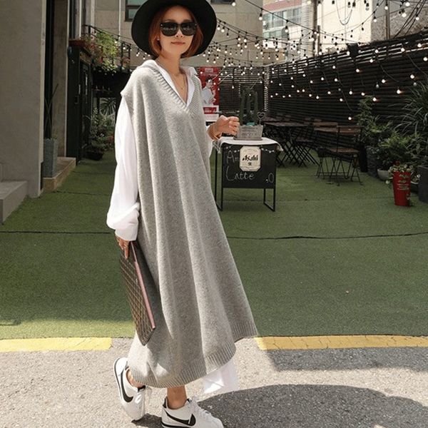 

autumn and winter korean version of new mid long women's waistcoat the knee fashionable hair pullover and versatile loose thick wool pu, White;black