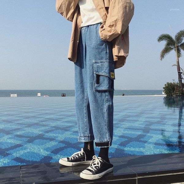 

2019 spring men's baggy homme classic cargo pocket jeans black/blue casual pants male magic subsidies biker denim trousers -2xl1