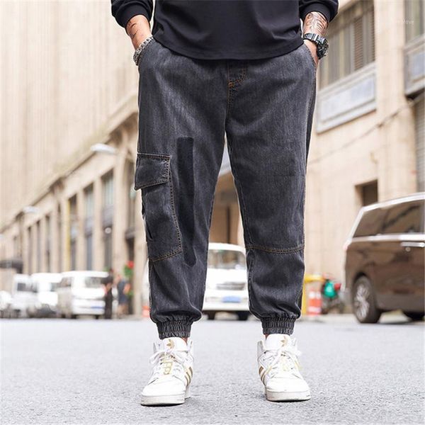 

jeans men loose overalls suitable for high-waisted men's designer jeans dark gray tethered multi-pocket denim trousers1, Blue
