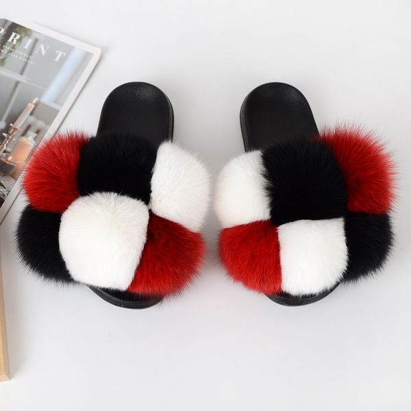 

new fashion women girl real fox furry warm sandals slippers with fur ball slippers flat home outdoor hairy shoes, Black