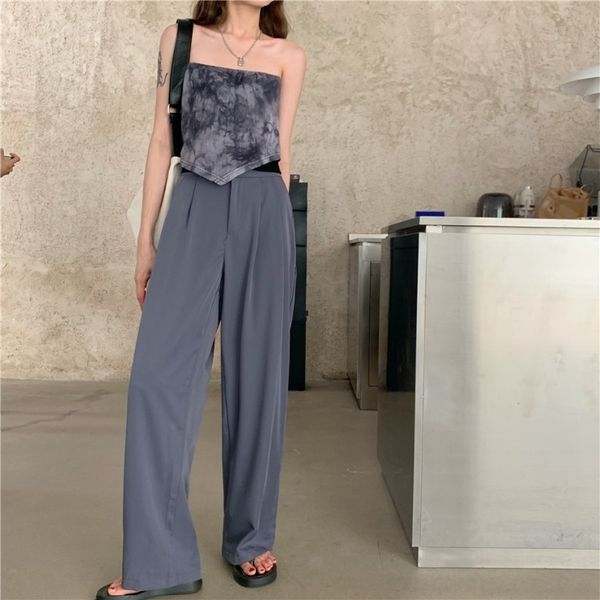 

4ruod 2020 summer one-line leg tie-dyed double-layer tube high suit vest wide collar pants loose vertical vest waist wide leg pants for wome, Gray