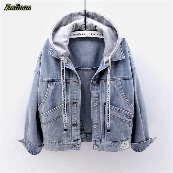 

smlinan spring autumn hooded denim jacket women fahion single breasted pocket plus size vintage streetwear jeans coat female y201012, Black;brown