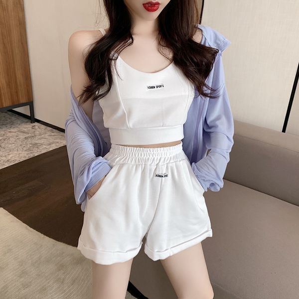 

2020 summer new suspender vest casual shorts two piece set + hooded sun proof cardigan fashion suit for women