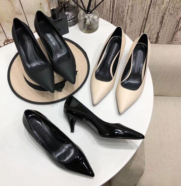 

womens fashion pointed leather middle heel smooth leather summer elegant metal button womens original box size 35-41, Black