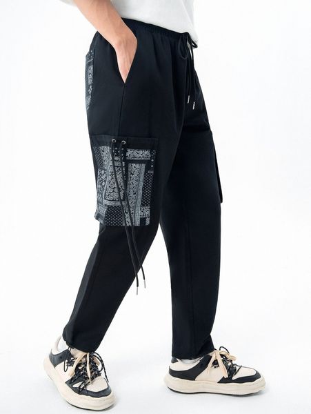 

men paisley scarf print patched pocket drawstring waist pants a7wa#, Black