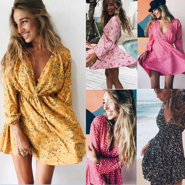 

casual dresses women summer floral long sleeve dress evening party beach v neck sundress style bohemian dress1, Black;gray
