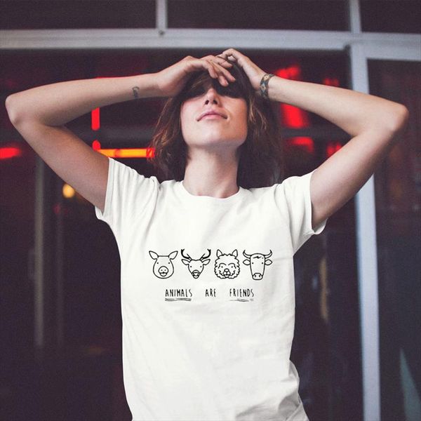 

cute animals are friends print cotton t shirts vegan shirt clothing women casual o neck tees plus size drop ship, White