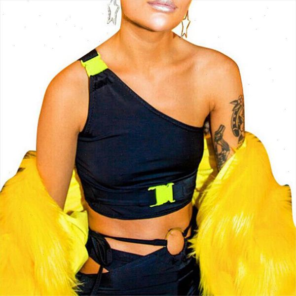 

women lady female one shoulder crop sleeveless tank summer beach vest bare midriff summer fashion adjusted strap t shirt, White