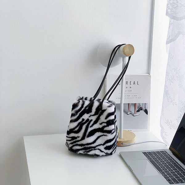

firmranch 2020 autumn and winter fashion ladies shoulder bag bucket bag cute zebra pattern plush