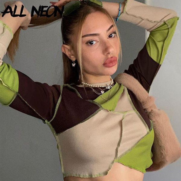 

allneon y2k aesthetics patchwork long sleeve t-shirts vintage 90s streetwear o-neck slim ribbed crop fashion casual tees, White
