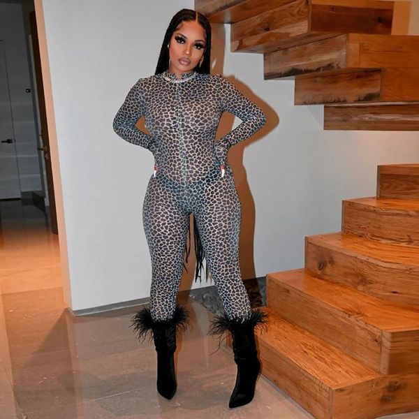 

women's jumpsuits & rompers echoine sheer mesh leopard print zipper backless jumpsuit women skinny bodycon elegant party clubwear stree, Black;white