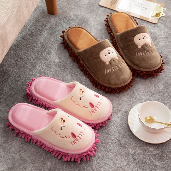 

house mop designer fur slippers for women cute cartoon animal bedroom couples shoes winter indoor warm plush ladies fur slippers, Black