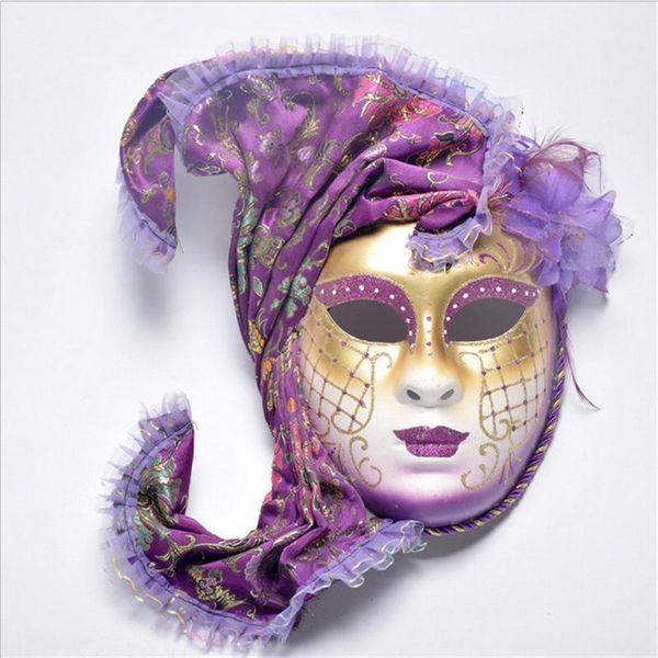 

halloween cosplay masquerade mask venice antique painted with flower shawl full face party performance female mask1, Silver