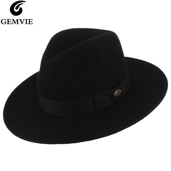 

gemvie 100% wool black felt fedora with grosgrain hat for women/man gangster jazz cap wide brim autumn winter panama t200508, Blue;gray