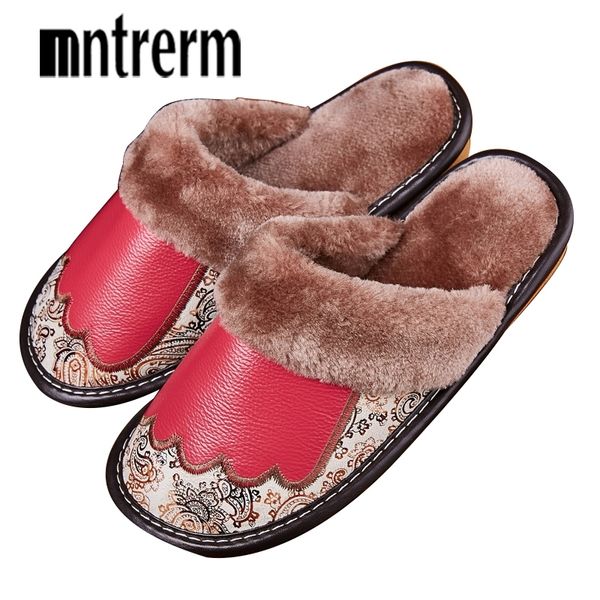 

mntrerm fashion warm cowhide natural fur slippers women home shoes winter genuine leather slippers woman indoor house shoes new y201026, Black