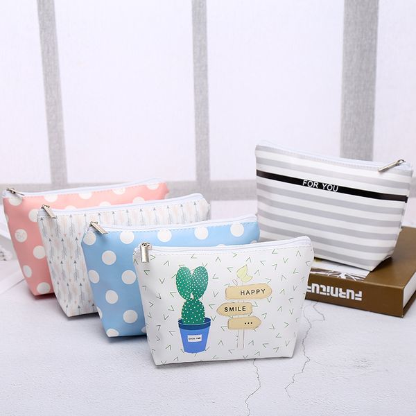 

10pcs 2020 dot printed protable waterproof pu zipper cosmetic bag 5colors