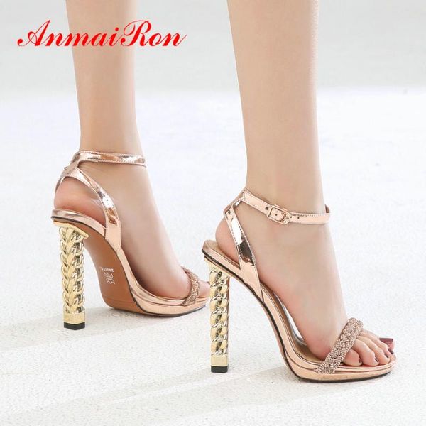 

anmairon genuine leather platform sandals basic party buckle strap office lady high heel square heel crystal sandals women 34-40, Black