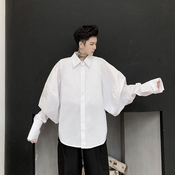 

male japan streetstyle vintage punk gothic loose dress shirts stage clothing men retro fashion wide long sleeve casual shirt, White;black