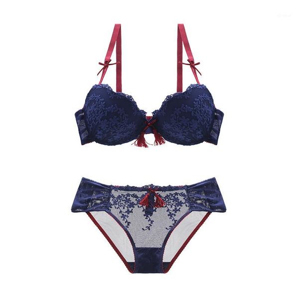 

tassel bra push up deep v-neck small push up lace female underwear bra set plus size embroidery sets1, Red;black