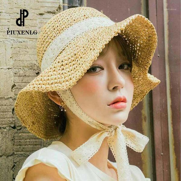 

wide brim hats summer boater for women straw sun hat lady girls lace ribbon bow panma beach floppy female travel folding chapeu1, Blue;gray