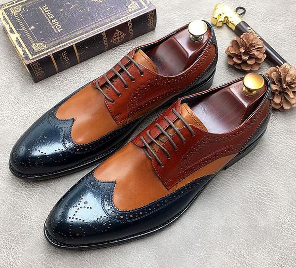 

fashion men pointed toes genuine leather handmade lace up carved brogue shoes men mixed color casual business dress shoes, Black
