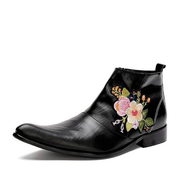 

casual cool short boots carved boots botas hombre pointed toe low cow leather tube cowboy ankle genuine leather zip rubber, Black