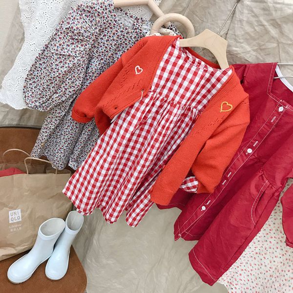 

spring new 2021 wear korean girls' round neck long sve princs skirt children's red plaid drs, Red;yellow